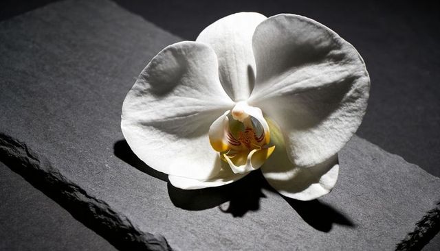 Resting white phalaenopsis orchid on dark slate tiles, minimalist high-contrast still life