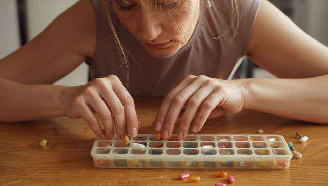 Focused woman sorting daily medication into pill organizer on wooden table