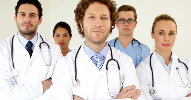 A diverse medical team is standing together with their arms crossed, exuding confidence and determination. They are dressed in professional medical attire, which may include lab coats, scrubs, and stethoscopes as accessories. This image captures the spirit of teamwork and unity among healthcare professionals, making it an excellent choice for websites, brochures, or articles focused on medical services, hospital promotions, healthcare team-building, and career pages for medical institutions.