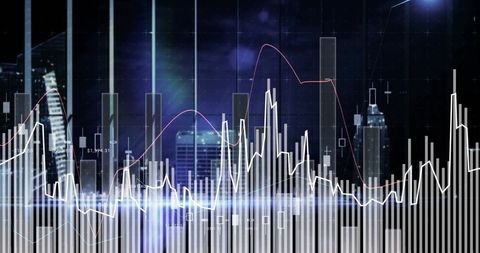 Futuristic Financial Charts Over Night Urban Skyline