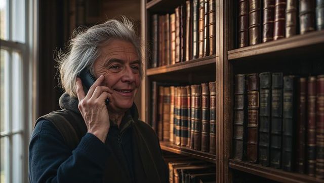 Senior man talking on phone in cozy library with leatherbound books and warm window light