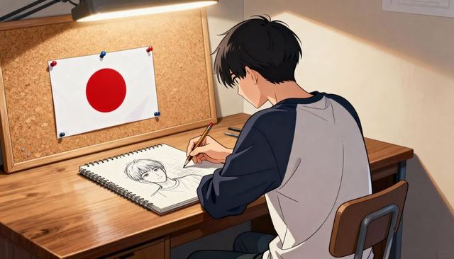 Teen boy sketching anime portrait at wooden desk under warm desk lamp with japanese flag