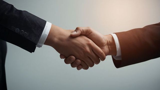 Sealing partnership with firm handshake between business professionals in suits, close-up