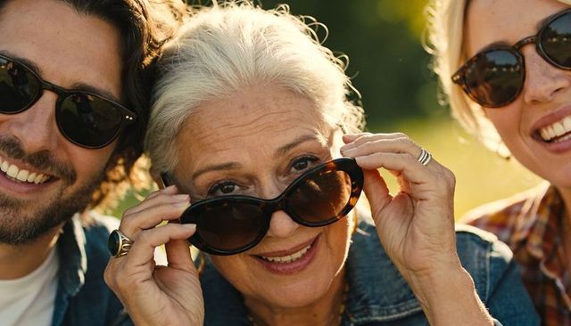 Senior woman lowering sunglasses while smiling with friends in sunny park portrait