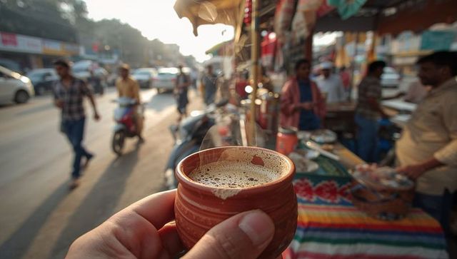 Hand holding clay cup in lively street tea stall at sunset