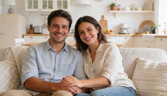 Smiling couple sitting on sofa in bright minimal kitchen holding hands