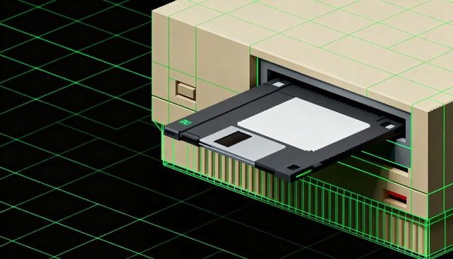 Retro beige floppy drive ejecting 3.5-inch disk on neon grid wireframe 3d render