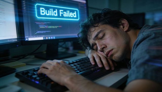 Overworked developer sleeping on keyboard after build failed late-night coding burnout