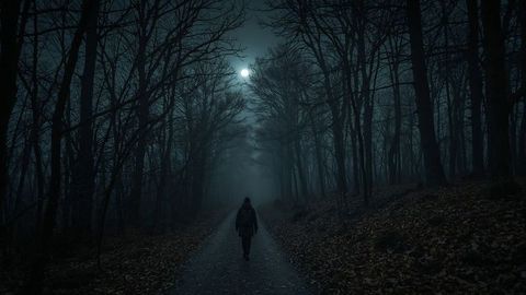 Person Walking Alone in Misty Forest at Night Under Full Moon