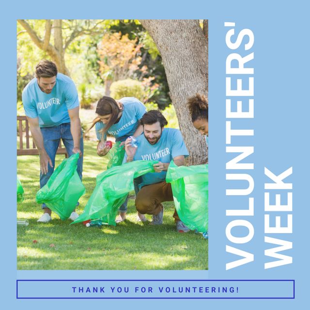 Group of diverse volunteers collecting rubbish in park, participating in community service during Volunteers' Week. Perfect for campaigns promoting volunteering, environmental awareness, teamwork, and community engagement. Ideal for use in nonprofit, community organization, or CSR communication.