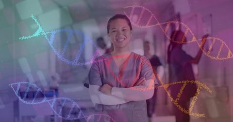 Smiling Doctor in Hospital with DNA Strands Overlay