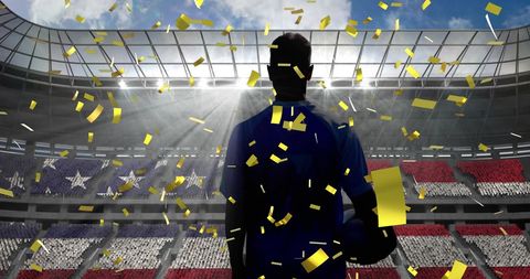 Rugby Player in Stadium with Confetti Celebration