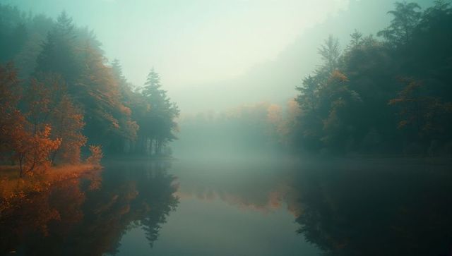 Misty Autumn Dawn Reflecting on Tranquil Mountain Lake
