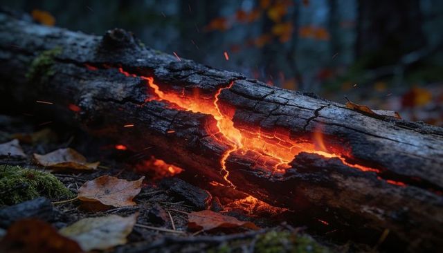 Glowing charred log emitting embers and sparks among mossy autumn leaves at dusk