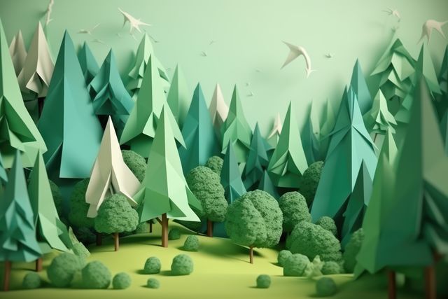 Origami landscape with trees and birds, created using generative ai technology. Orgiami art, scenery, nature and pattern concept digitally generated image.
