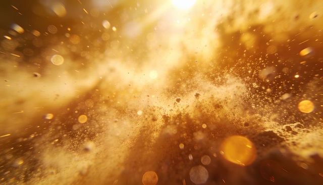 Erupting golden dust plume, backlit bokeh and lens flare for dynamic abstract background