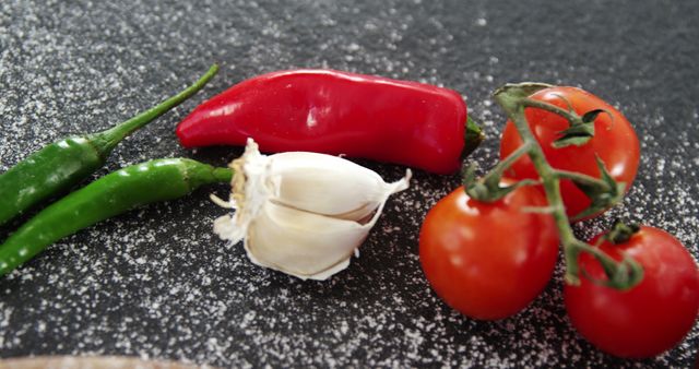 Close-up view of assorted fresh vegetables including green and red chili peppers, garlic, and cherry tomatoes on dark rustic surface. Ideal for culinary and recipe blogs, health and wellness articles, or promoting fresh produce in food photography.