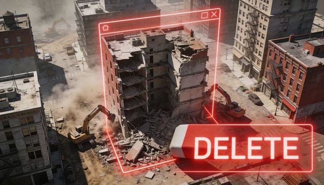 Urban building demolition with neon DELETE overlay and oversized eraser concept