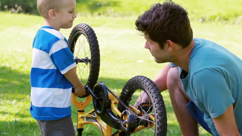 Father Teaching Son Bike Repairs in Park on Sunny Day