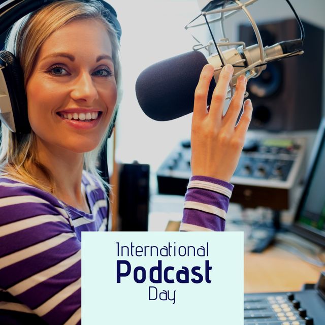 Happy young Caucasian woman recording a podcast in a modern studio equipped with professional audio gear, including microphone and headphones, while celebrating International Podcast Day. Ideal image for promoting podcast-related content, technology, broadcasting, and International Podcast Day events and celebrations.
