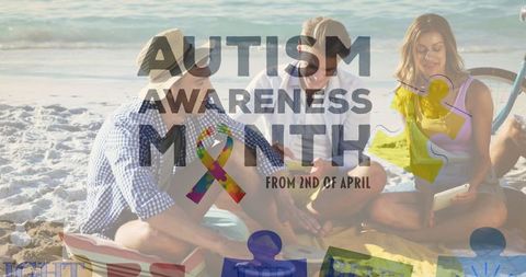 Autism Awareness Concept with Puzzle Pieces on Beach Gathering