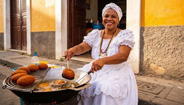 Smiling street vendor frying golden fritters wearing traditional white dress