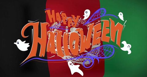 Festive halloween greeting with colorful cartoon ghosts and webs