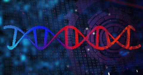 Holographic DNA Helix Streaming through Binary Code with Futuristic HUD for Genomics