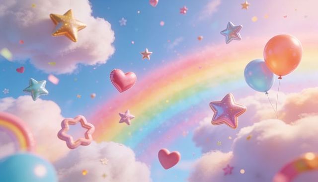 Pastel rainbow dreamscape with floating metallic stars, hearts and balloons over clouds