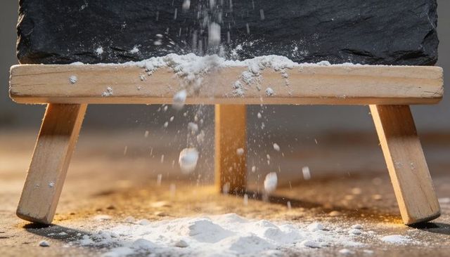 Pouring white powder onto wooden tabletop easel with dark slate board, macro dust texture