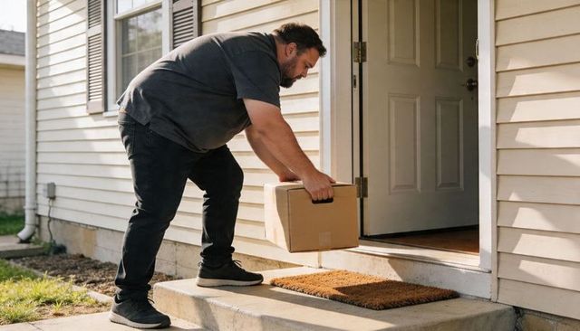Man delivering package to front door on sunny suburban porch