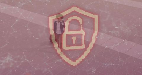 Businesswoman with Suitcase Facing Cybersecurity Symbol in Urban Plaza