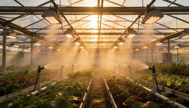 Greenhouse leds and automated misting nourishing potted seedlings at sunrise