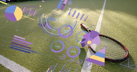 Resting tennis racket and ball on turf with augmented data visuals for sports performance