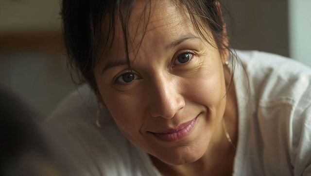Smiling hispanic woman wearing white top and hoop earring in warm natural light closeup