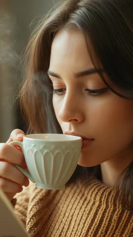 Woman sipping from mug while reading in cozy window nook, relaxing vertical lifestyle video