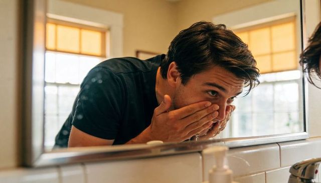 Young man washing face at bathroom sink morning skincare routine mirror reflection
