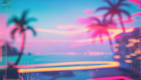 Futuristic Neon Beachscape at Dusk with Palm Silhouettes