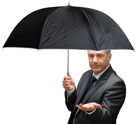 Mature businessman beneath black umbrella transparent background