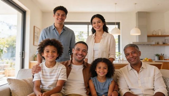 Smiling multigenerational family gathering in bright open-plan kitchen sharing warm moments