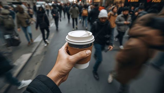 Takeaway Coffee Held in Busy Urban Crosswalk