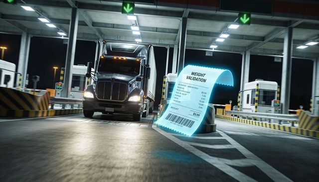 Night truck approaching smart weigh station with holographic weight receipt and barcode