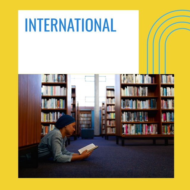 Biracial woman lying on floor of a school library reading book. Bookshelves lined with various books are visible. Bright environment promoting International School Library Month. Can be used for education campaigns, library promotions, or reading awareness initiatives.
