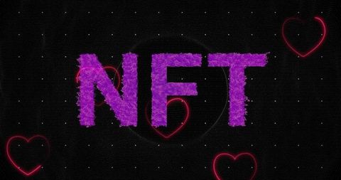 Vibrant purple nft text with neon hearts and digital grid
