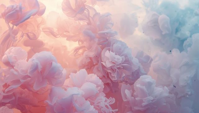 Ethereal pastel peony clouds — soft pink peach abstract macro bloom with bokeh glow
