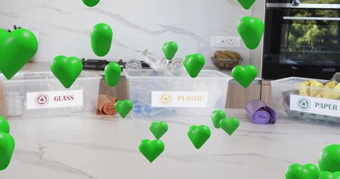 Green Hearts Floating Over Countertop Recycling Bins Highlighting Plastic Sorting and Sustainability
