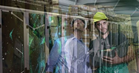 Diverse Warehouse Workers Analyzing Data with Digital Interface Overlay