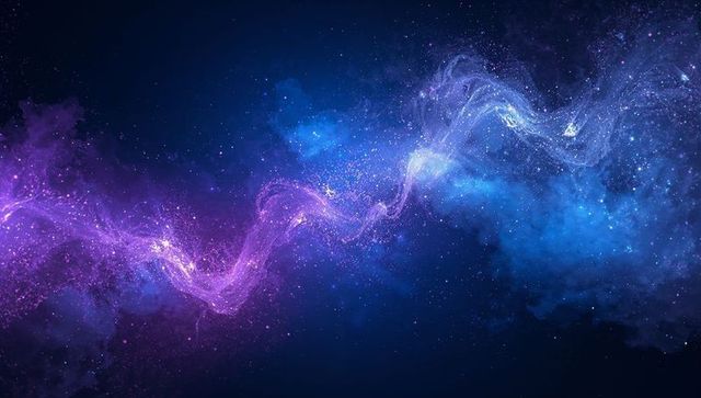 Flowing Purple-Blue Nebula Ribbon Stretching Across Deep Space Starfield and Dust Lanes