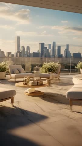 Vertical video showcasing luxury rooftop terrace at golden hour with shifting shadows and skyline