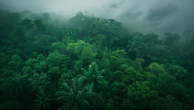 Misty morning in lush tropical jungle canopy